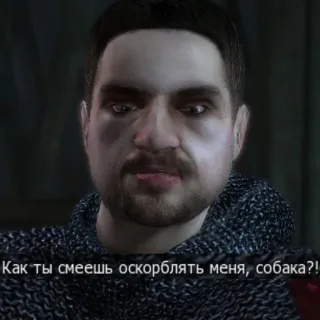🐕 Как ты смеешь оскорблять меня, собака?! คำด่า, วิดีโอเกม, ผู้ชาย, โกรธ, ยุคกลาง, เสื้อเกราะ, รัสเซีย telegram sticker