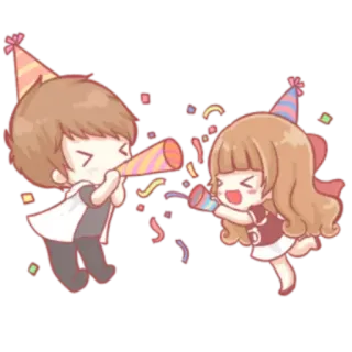 🥳 celebration, party, confetti, cartoon, couple, party hats telegram sticker
