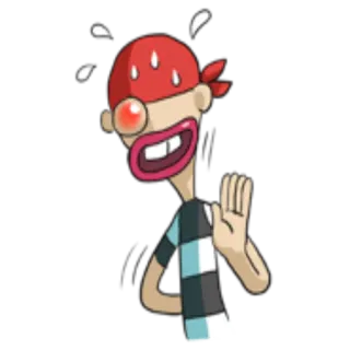 ✋ kartun, karakter, ilustrasi, keringat, hidung merah, bandana, melambai whatsapp sticker
