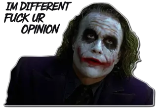 🙄 Joker The Dark Knight IM DIFFERENT
FUCK UR
OPINION Joker, Dark Knight, Heath Ledger, villain, dc comics, clown, offensive telegram sticker