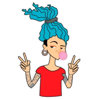 ✌️ Cartoon, Frau, Kaugummi, Friedenszeichen, blaue Haare, Tattoo, Illustration telegram sticker
