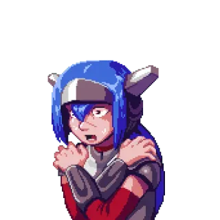 😰 pixel art, character, frightened, blue hair, helmet telegram sticker
