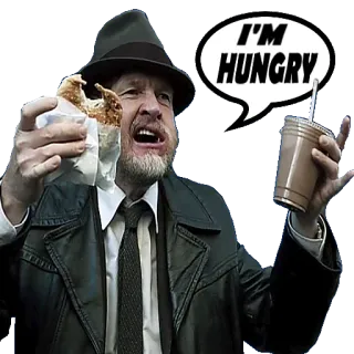 🍳 I'M HUNGRY affamato, uomo, cibo, panino, bevanda, cappello, cappotto telegram sticker