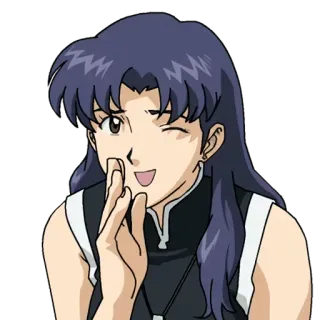 🔷 Misato Katsuragi Neon Genesis Evangelion Anime, Ragazza, Occhiolino, Felice, Evangelion telegram sticker