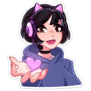 ❤️ Gadis anime, Telinga kucing, Headset, Kawaii, Imut, Hati, Stiker, Kartun telegram sticker