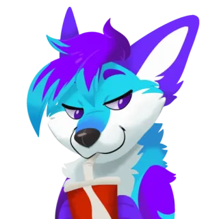 😏 antropomórfico, zorro, dibujos animados, bebiendo, refresco, morado, azul telegram sticker