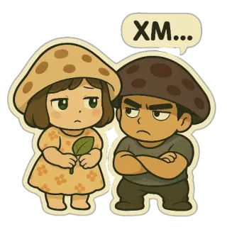 😒 XM... champignon, dessin animé, couple, en colère, mignon, chibi telegram sticker