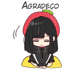 🙇 Agradeço chica anime, sombrero de fresa, gracias, lindo, sentada, kawaii whatsapp sticker