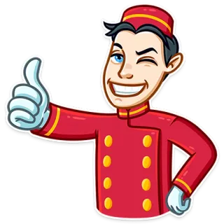 👍 Botones, Hotel, Servicio, Pulgar arriba, Guiño, Dibujo animado, Uniforme rojo telegram sticker