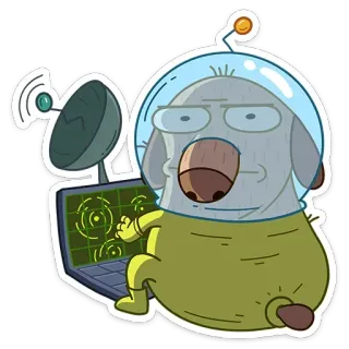 😐 perro, alien, dibujos animados, espacio, portátil, satélite, personaje, divertido whatsapp sticker