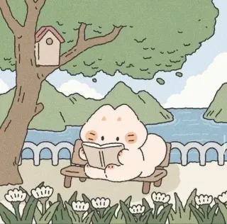📖 мультфильм, чтение, скамейка, парк, милый telegram sticker