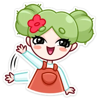 😥 fille anime, mignon, dessin animé, illustration, cheveux verts, fleur rouge telegram sticker
