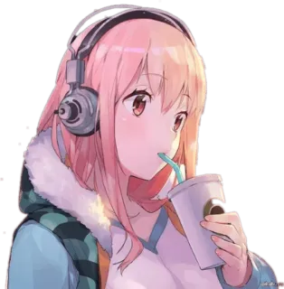 😶 アニメ, 女の子, ヘッドホン, ピンク髪, 飲み物, かわいい, カワイイ telegram sticker