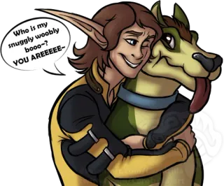 ❤ Who is my snuggly woobly booo-? YOU AREEEEE~ elfo, perro, abrazo, fantasía, amistad, dibujo animado telegram sticker