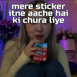 🙂 mere sticker itne aache hai ki chura liye ragazza, adesivo, succo, bevanda, divertente whatsapp sticker