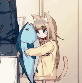 🧡 Anime, Kocica, Ryba, Przytulanie, Kawaii, Słodki telegram sticker