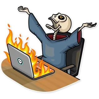 👤 esqueleto, portátil, fuego, ardiendo, ordenador, estresado, frustrado, enfadado telegram sticker