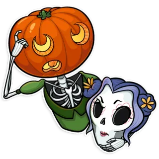 🤔 Halloween, abóbora, esqueleto, caveira, desenho animado, assustador, arrepiante, outono telegram sticker