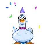 🥳 oiseau, oie, dessin animé, chapeau de fête, lunettes, nœud papillon whatsapp sticker