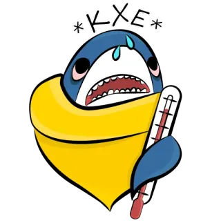 🤒 KXE Tiburón, Enfermo, Termómetro, Enfermo, Dibujos animados, Pegatina telegram sticker