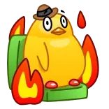 😐 птица, курица, огонь, пламя, мультфильм, шляпа, потеющий telegram sticker