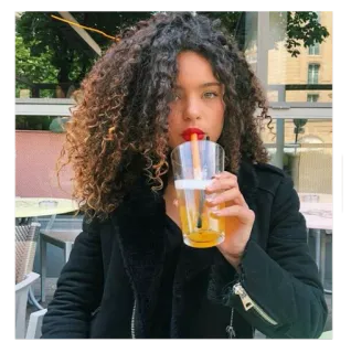👀 woman, drink, curly hair, portrait, fashion, casual telegram sticker