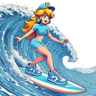 🏄‍♀️ Princess Peach 碧姬公主, 冲浪, 卡通, 贴纸, 马里奥, 海滩, 海洋 telegram sticker