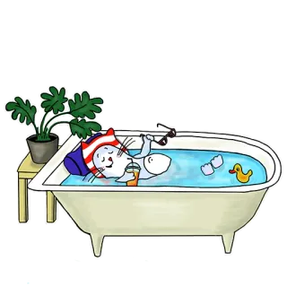 🛀 cat, bathtub, relaxing, cartoon, drinking, rubber duck, bath, cute telegram sticker