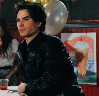 🧛 Damon Salvatore The Vampire Diaries 뱀파이어, 잘생김, TV, 가죽 재킷, 이안 소머헐더 telegram sticker