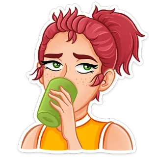 😑 wanita, minum, kartun, gadis, rambut merah, mata hijau, cangkir telegram sticker