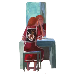 😕 woman, mirror, portrait, red hair, painting, art, dress, reflection telegram sticker