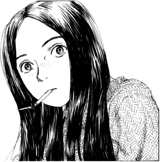 😯 Манга, Сигарета, Женщина, Рисунок, Черно-белое, Портрет telegram sticker
