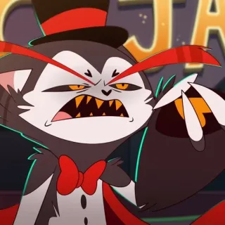 🌟 Husk Hazbin Hotel 고양이, 악마, 화난, 모자, 빨간색 telegram sticker