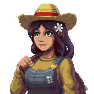👩‍🌾 woman, farmer, hat, portrait, pixel art, girl, flower, overalls telegram sticker