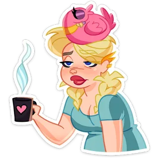 🥱 woman, cartoon, coffee, bird, sleepy, morning, tired telegram sticker