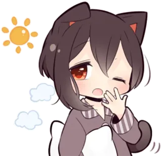 ☀ Anime, Desenho animado, Gato, Sonolento, Fofo, Manhã, Chibi, Kawaii whatsapp sticker