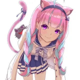 👾 gadis anime, telinga kucing, rambut merah muda, kepang, imut, kawaii, anime telegram sticker