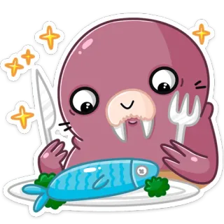 🐟 Morsa, Pescado, Comida, Dibujo animado, Lindo, Cena, Cuchillo, Tenedor telegram sticker