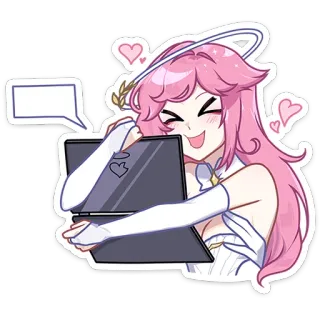 🤗 chica anime, portátil, amor, pelo rosa, halo, pegatina telegram sticker