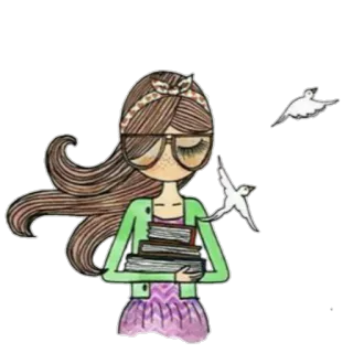 📚 ragazza, libri, uccelli, leggere, carino, cartoni animati, occhiali, studente telegram sticker