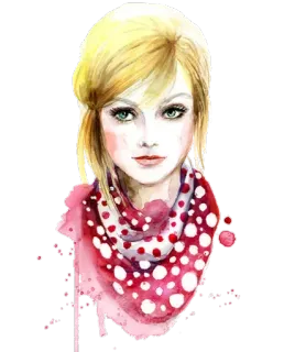 😄 aquarela, mulher, retrato, cachecol, moda, ilustração whatsapp sticker