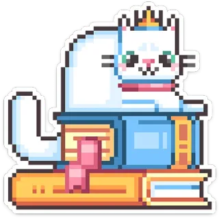 ⭐ cat, books, pixel art, crown, cute, animal, sticker telegram sticker