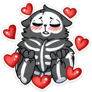 😍 gato, esqueleto, corazones, lindo, animal, pegatina, dibujo animado whatsapp sticker