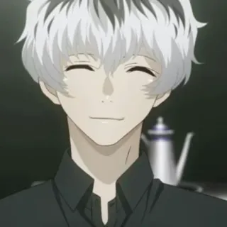🙃 Ken Kaneki Tokyo Ghoul Anime, Tokyo Ghoul, Ken Kaneki, Wit haar, Glimlach, Karakter telegram sticker