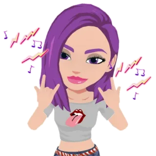 🤟 phụ nữ, hoạt hình, rock and roll, nốt nhạc, tóc tím, dấu hiệu tay sừng, lưỡi, môi telegram sticker