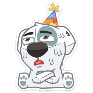 😒 chien, chapeau de fête, triste, chien blanc, dessin animé, animal, autocollant whatsapp sticker