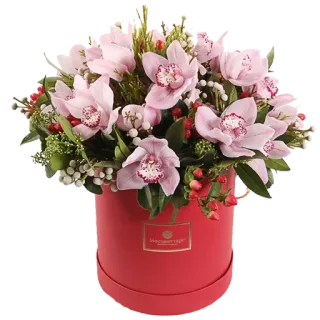 💐 ดอกไม้, กล้วยไม้, ช่อดอกไม้, การจัดดอกไม้, กล่องสีแดง, สีชมพู, ของขวัญ, ของตกแต่ง whatsapp sticker
