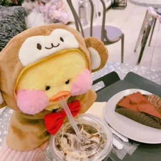 😐 peluche, canard, singe, animal, mignon, boisson, café, café telegram sticker