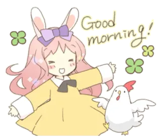 🐰 Good morning! Buongiorno, Cartone animato, Carino, Animale, Pollo, Ragazza, Coniglio, Trifoglio telegram sticker