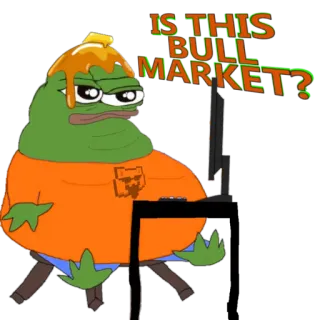 ❔ Pepe IS THIS BULL MARKET? เปเป้, มีม, ตลาดกระทิง, ตลาดหุ้น, เทรด, อินเทอร์เน็ตมีม, การเงิน telegram sticker